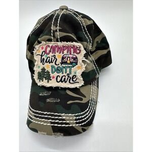 Kbethos "camping Hair Don't Care" Vtg Distressed Embroidered Baseball Cap Hat